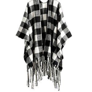 Plaid Winter Cape Wrap, Black and White | New with Tags